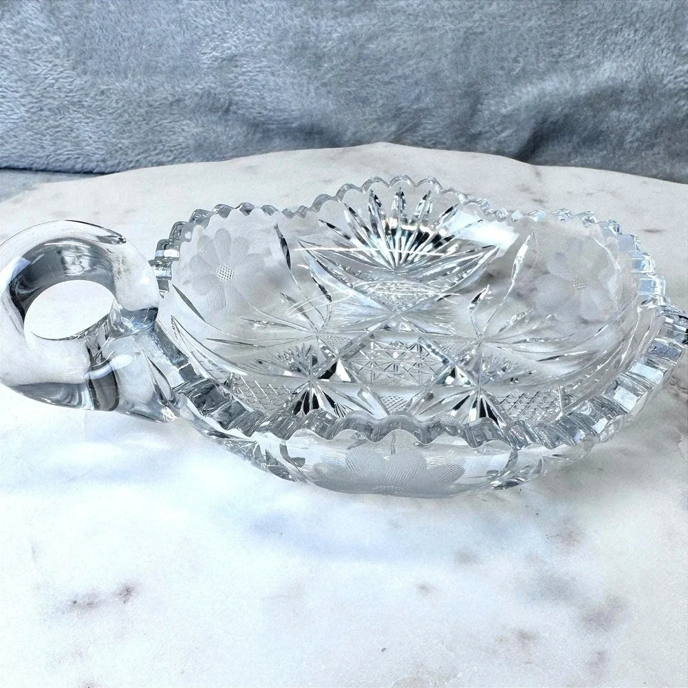 Antique American Brilliant Cut Glass‎ Handled Nappy Floral 7